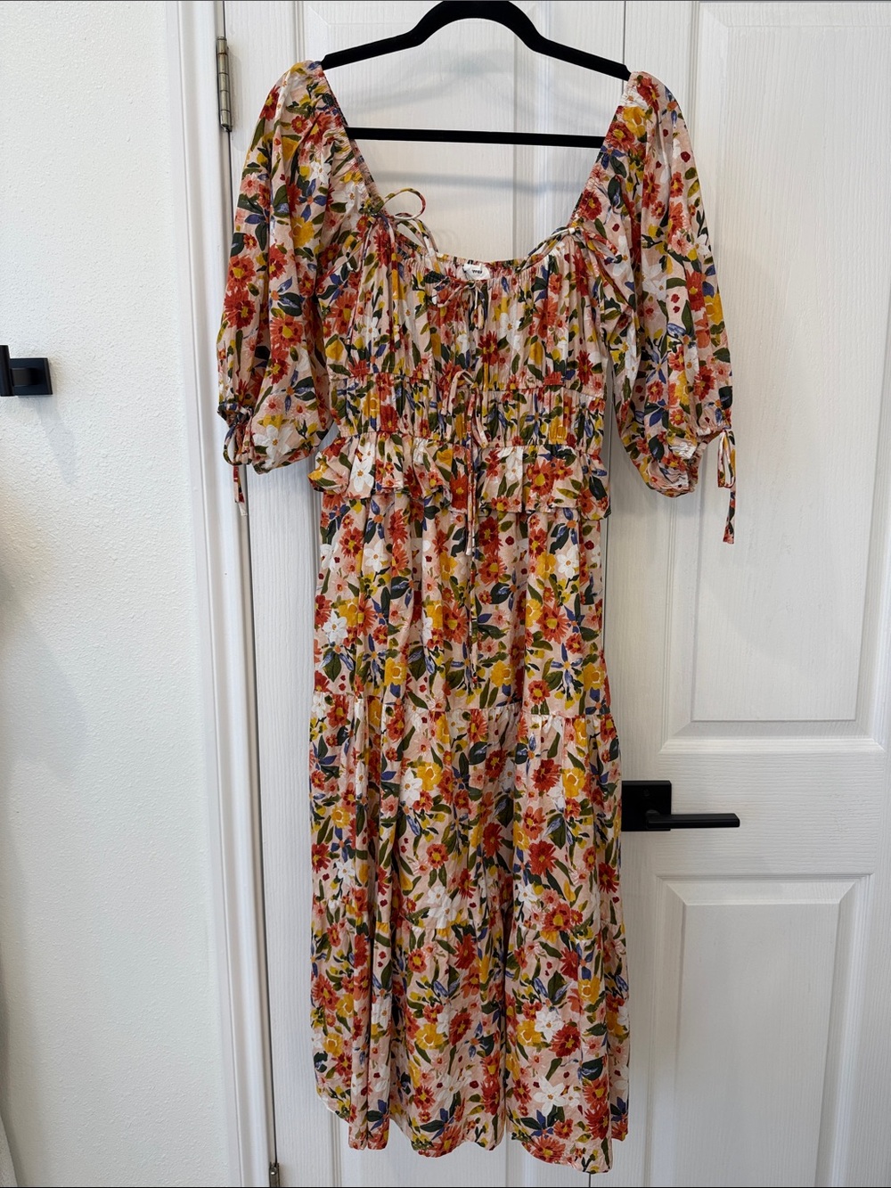Aureum Floral Puff Sleeve Tiered Midi Dress XS Cottagecore Cotton